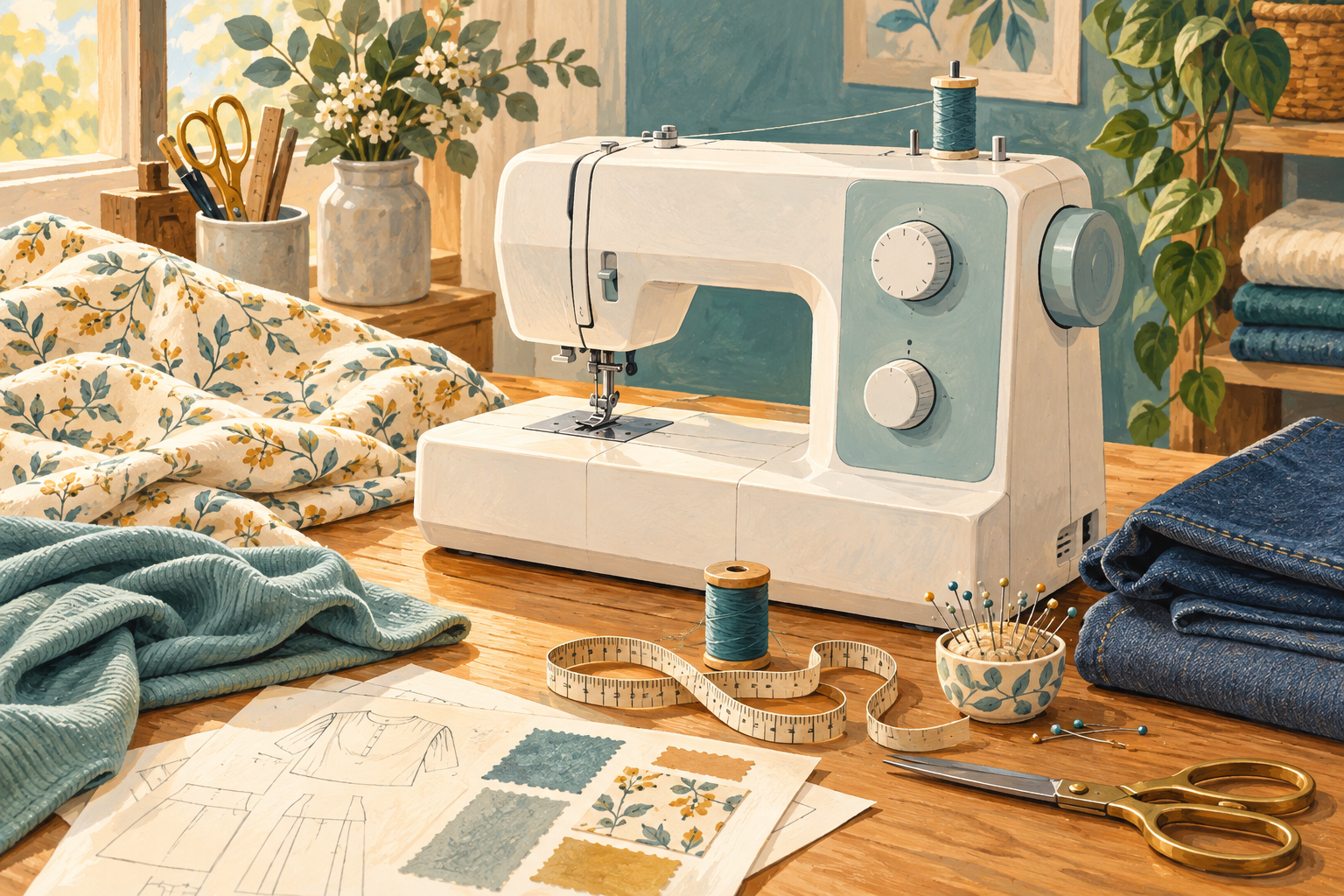 Illustration of a domestic sewing machine surrounded by cotton, jersey, denim and project notes