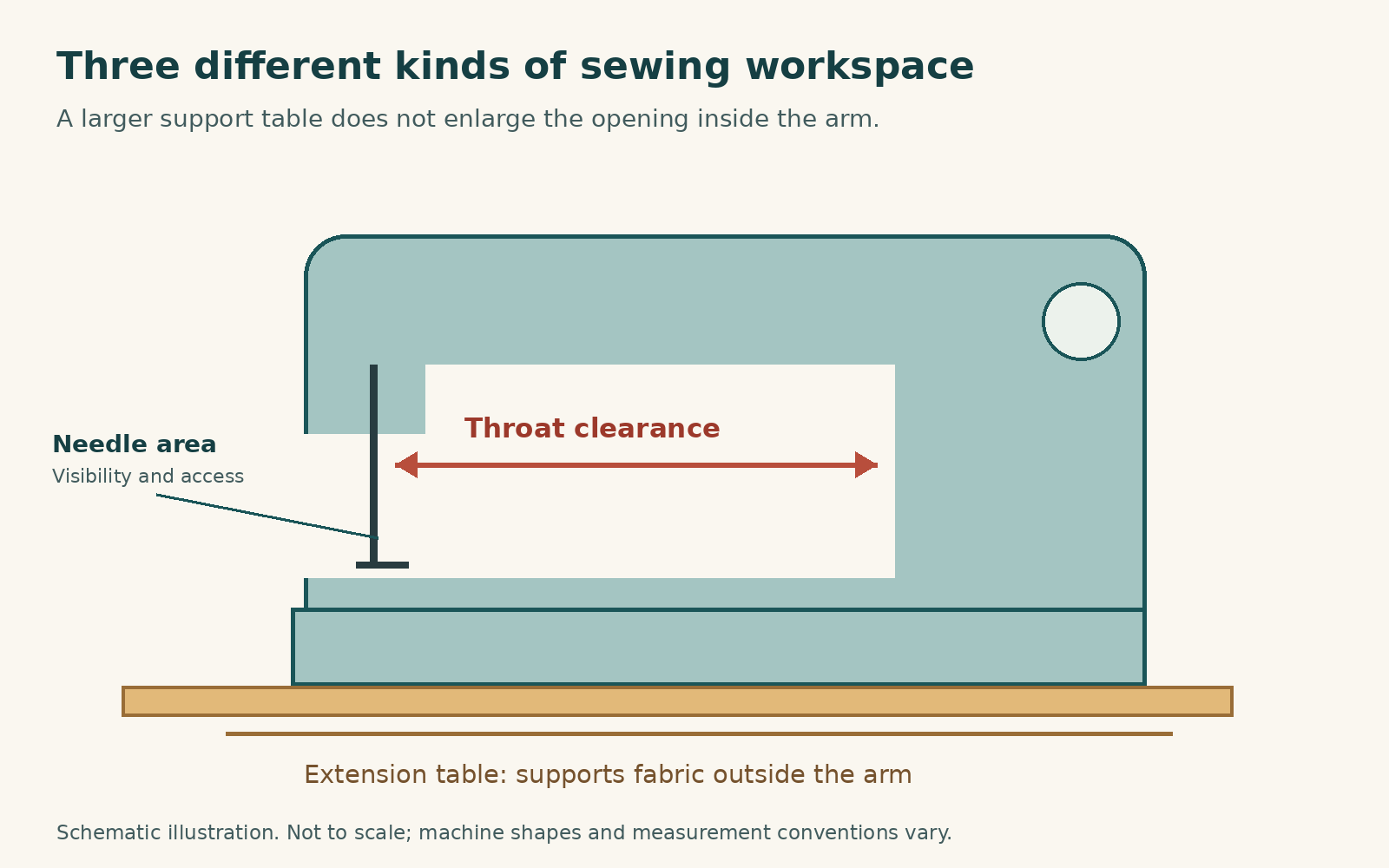 Sewing machine schematic distinguishing throat clearance, needle access and the support table